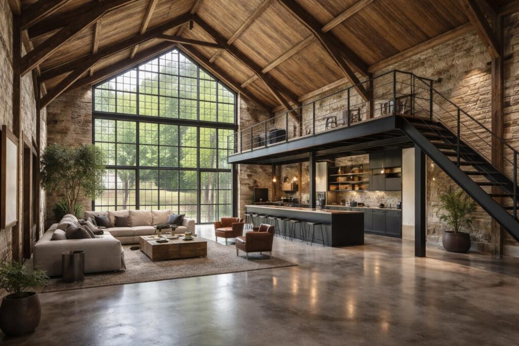 découvrez comment transformer une grange en un loft moderne avec une verrière d'atelier, une mezzanine en acier et un sol en béton poli pour un intérieur industriel et contemporain.